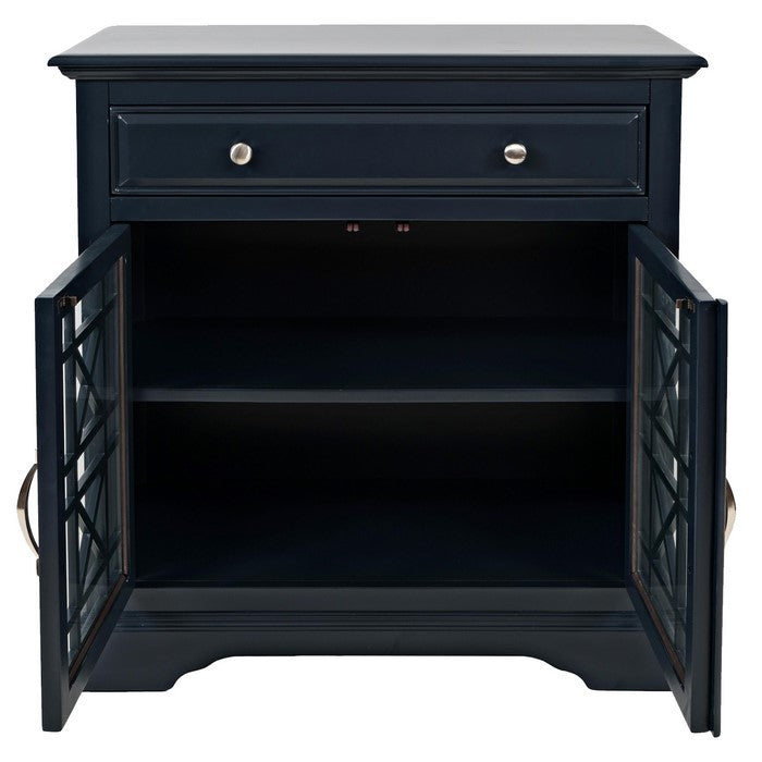 Wooden 2 Door Accent Chest with Single Drawer and X Motif Details, Blue