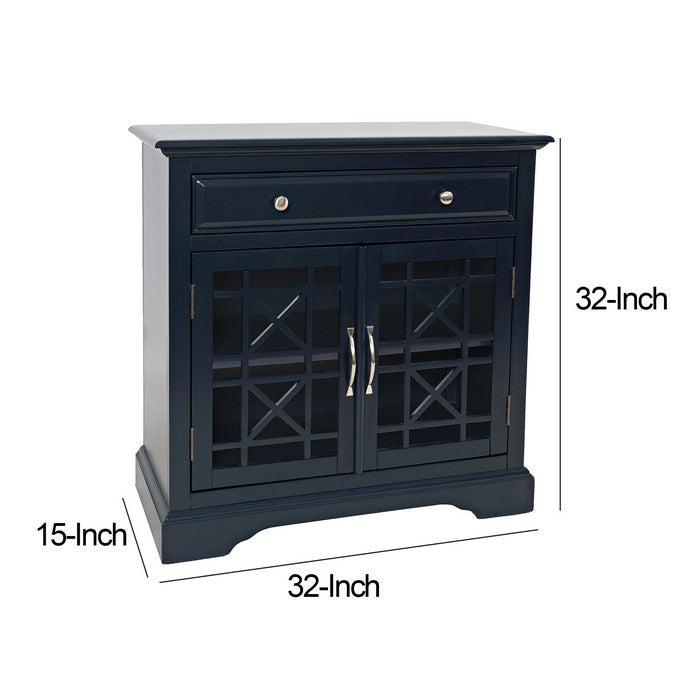 Wooden 2 Door Accent Chest with Single Drawer and X Motif Details, Blue