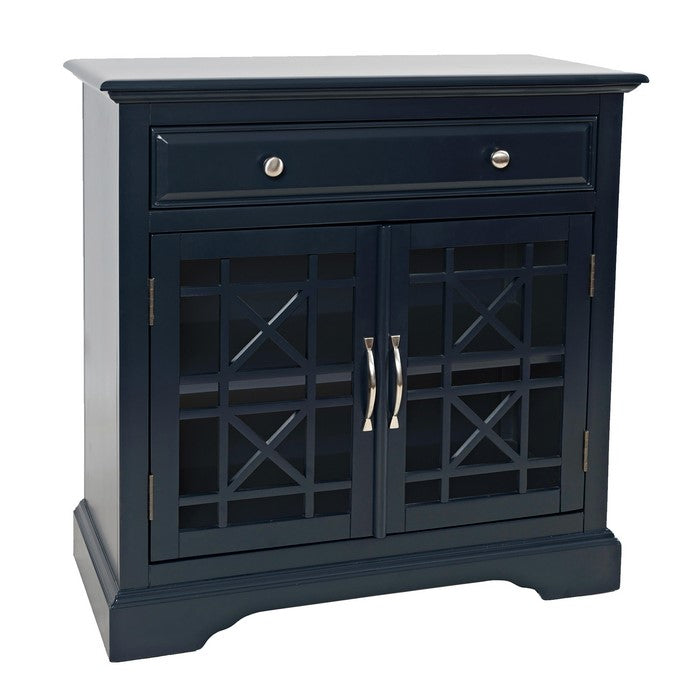 Wooden 2 Door Accent Chest with Single Drawer and X Motif Details, Blue
