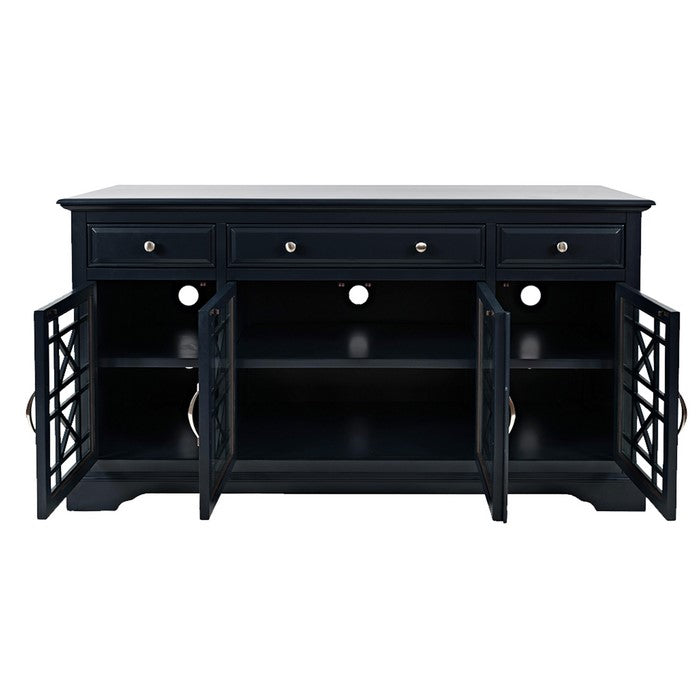 60 Inch Media Unit with 3 Drawers and 4 Doors with X motif details, Blue