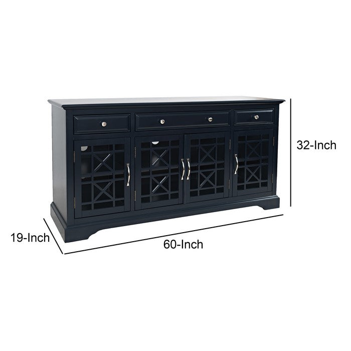 60 Inch Media Unit with 3 Drawers and 4 Doors with X motif details, Blue