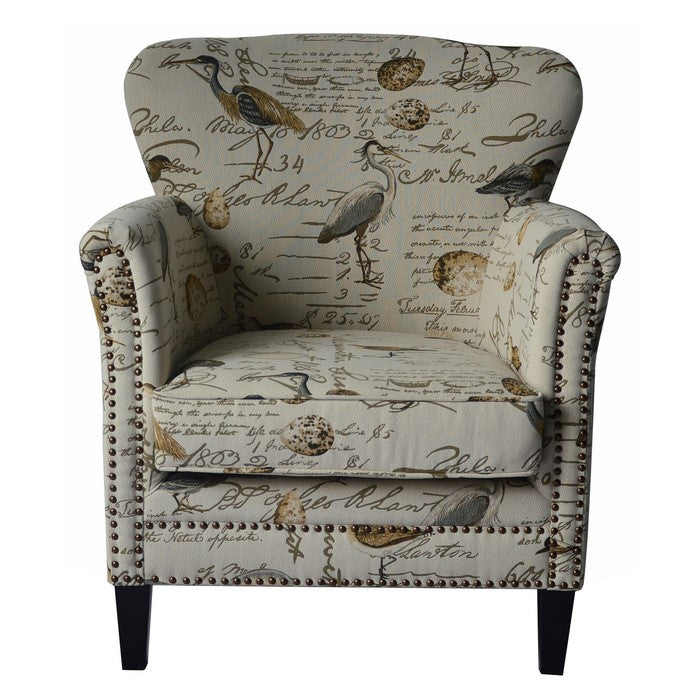 Contemporary Style Accent Chair with Flamingo and Scripted Pattern, Cream