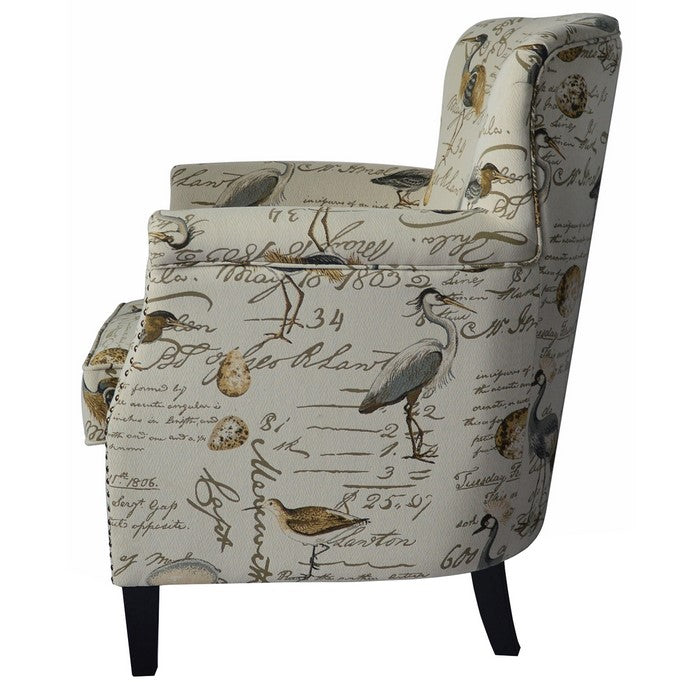 Contemporary Style Accent Chair with Flamingo and Scripted Pattern, Cream