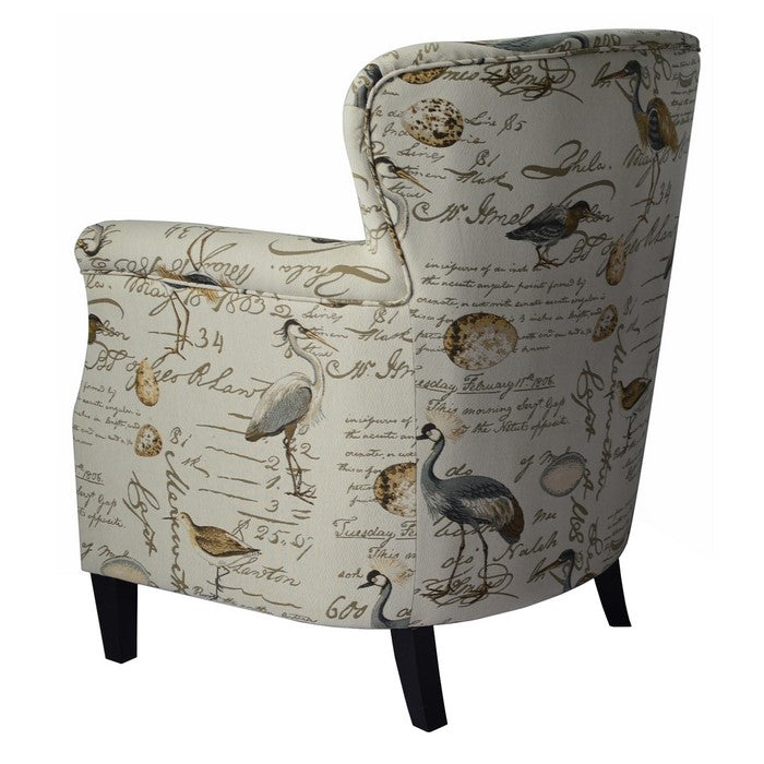 Contemporary Style Accent Chair with Flamingo and Scripted Pattern, Cream