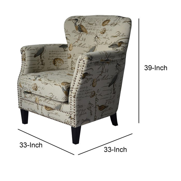 Contemporary Style Accent Chair with Flamingo and Scripted Pattern, Cream