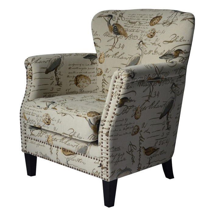 Contemporary Style Accent Chair with Flamingo and Scripted Pattern, Cream