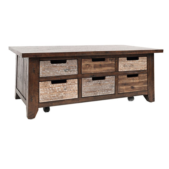 Wooden Cocktail Table with 6 Drawer Storage and Caster Wheels, Brown