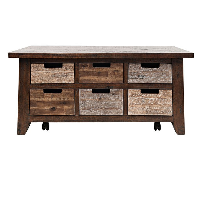 Wooden Cocktail Table with 6 Drawer Storage and Caster Wheels, Brown