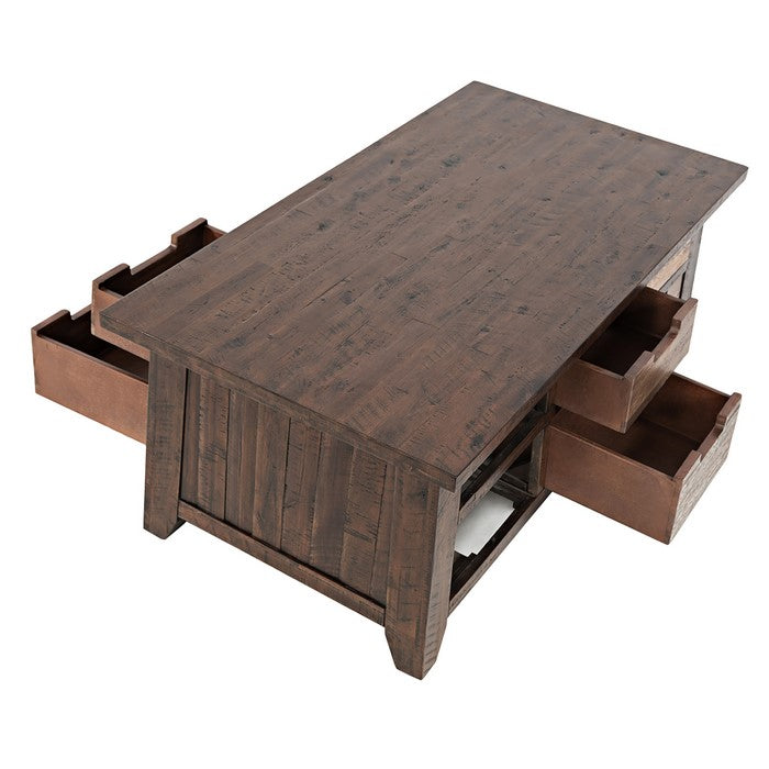 Wooden Cocktail Table with 6 Drawer Storage and Caster Wheels, Brown