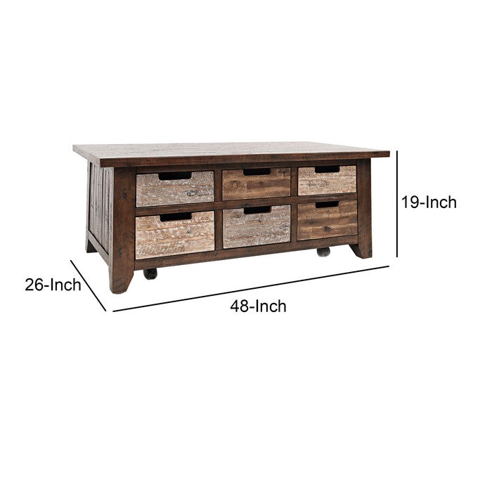 Wooden Cocktail Table with 6 Drawer Storage and Caster Wheels, Brown
