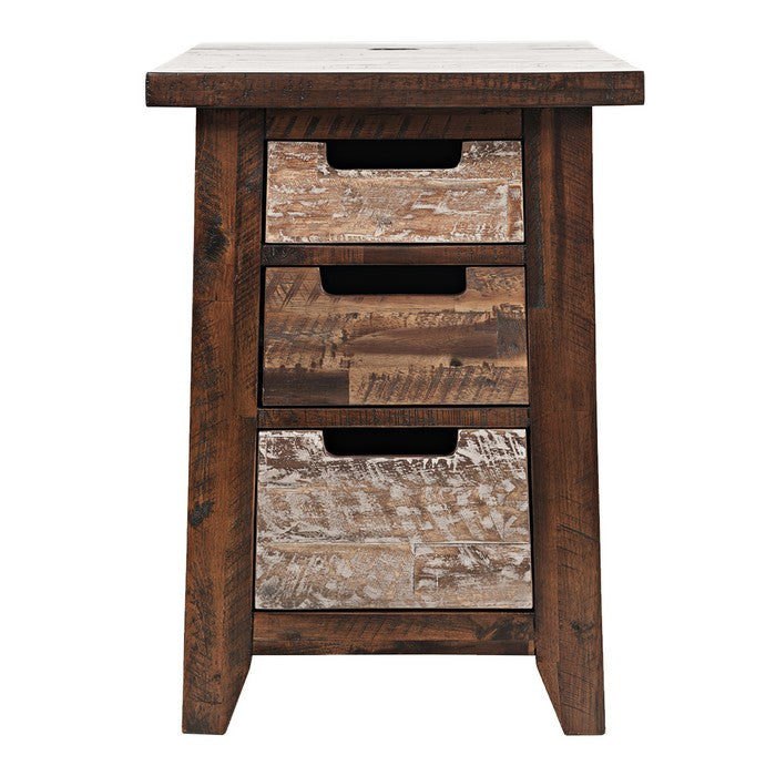 3 Drawer Wooden Chairside with 2 Power Outlets and 2 USB Ports, Brown