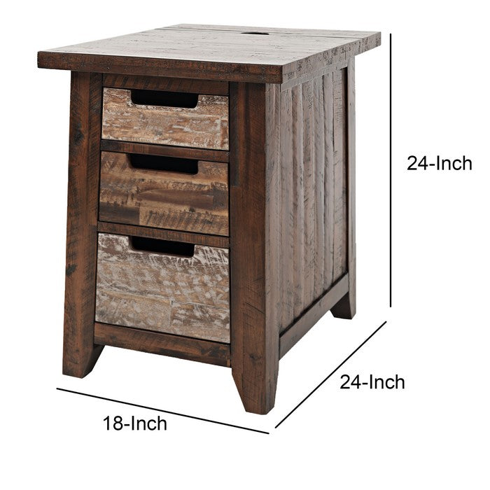 3 Drawer Wooden Chairside with 2 Power Outlets and 2 USB Ports, Brown