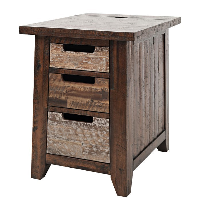 3 Drawer Wooden Chairside with 2 Power Outlets and 2 USB Ports, Brown
