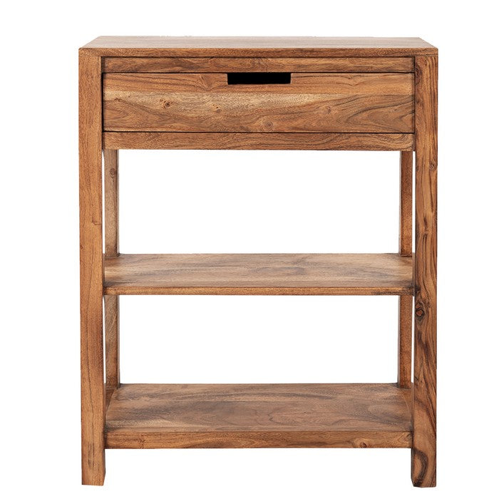 Wooden Accent Table with Single Drawer and 2 Open Bottom Shelves, Brown