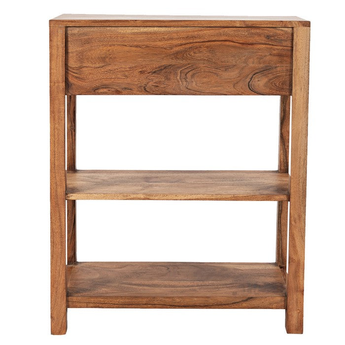 Wooden Accent Table with Single Drawer and 2 Open Bottom Shelves, Brown