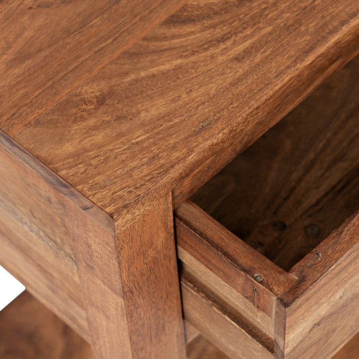 Wooden Accent Table with Single Drawer and 2 Open Bottom Shelves, Brown