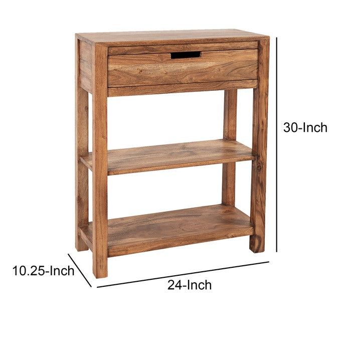 Wooden Accent Table with Single Drawer and 2 Open Bottom Shelves, Brown