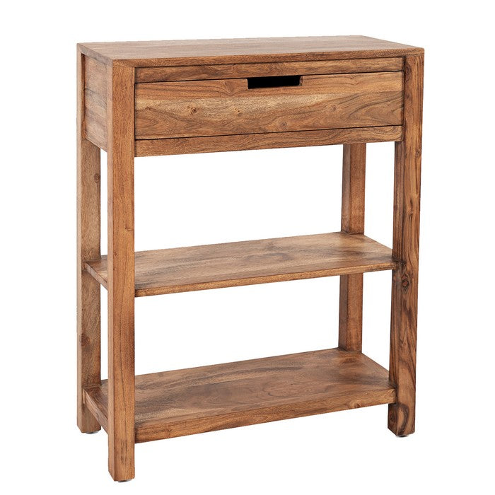 Wooden Accent Table with Single Drawer and 2 Open Bottom Shelves, Brown
