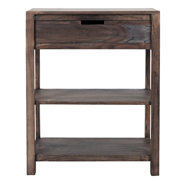 Wooden Accent Table with 1 Drawer and 2 open Bottom Shelves, Weathered Gray