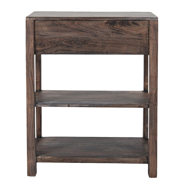 Wooden Accent Table with 1 Drawer and 2 open Bottom Shelves, Weathered Gray