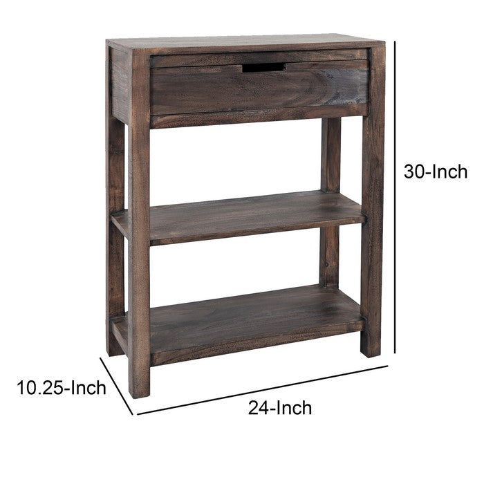 Wooden Accent Table with 1 Drawer and 2 open Bottom Shelves, Weathered Gray