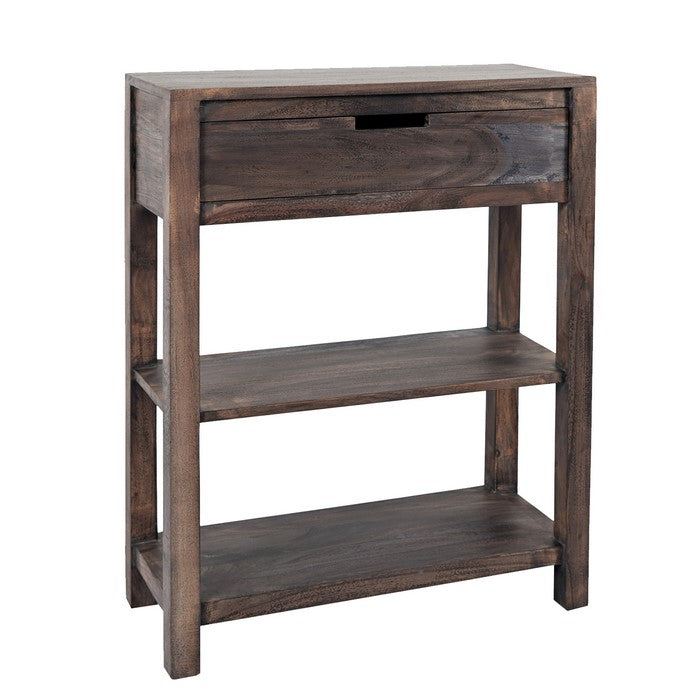 Wooden Accent Table with 1 Drawer and 2 open Bottom Shelves, Weathered Gray