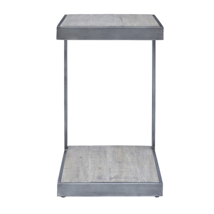 Metal Frame C Shape End Table with Wooden Top and Bottom, Antique Gray