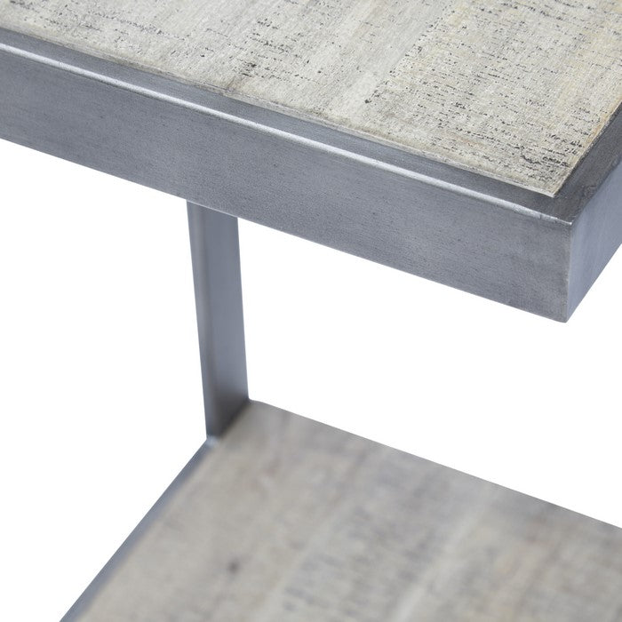 Metal Frame C Shape End Table with Wooden Top and Bottom, Antique Gray