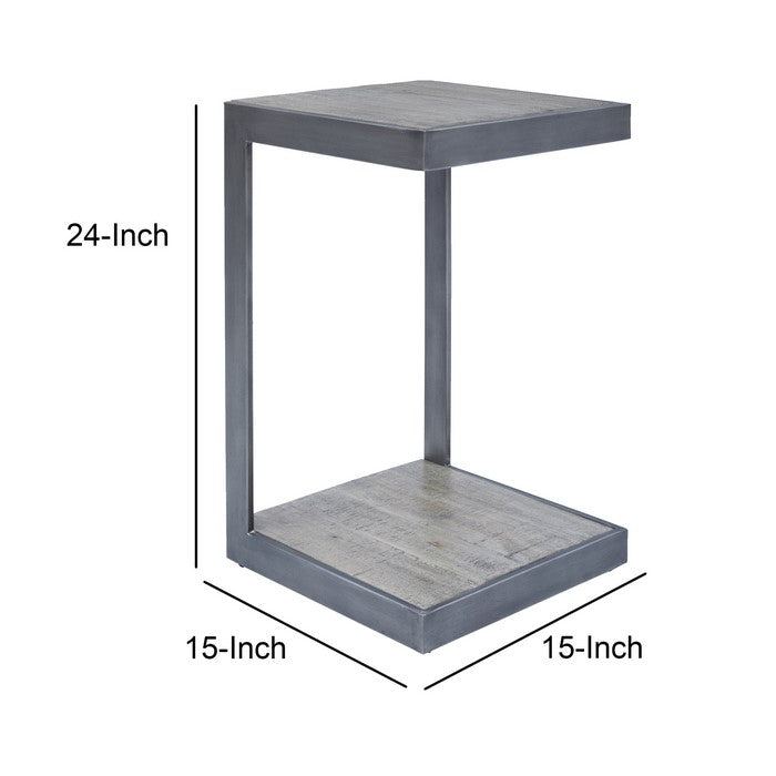 Metal Frame C Shape End Table with Wooden Top and Bottom, Antique Gray