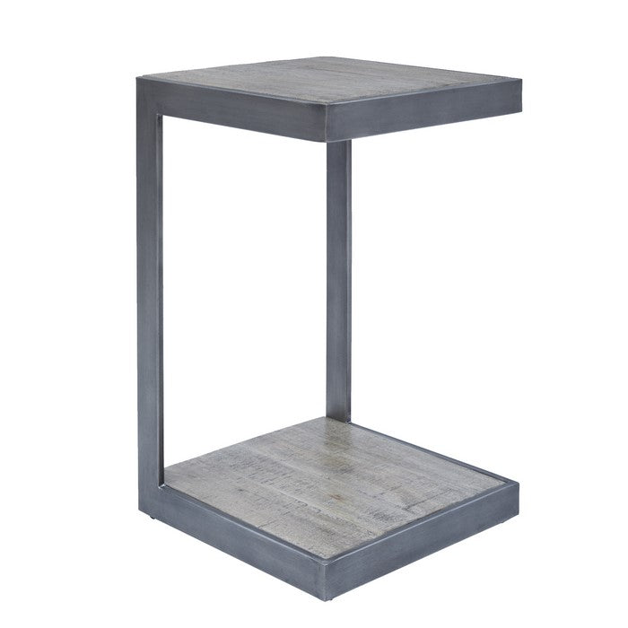 Metal Frame C Shape End Table with Wooden Top and Bottom, Antique Gray