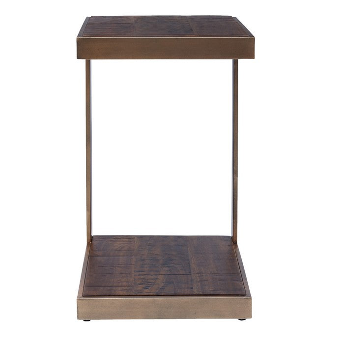 Metal Frame C Shape End Table with Wooden Top and Bottom, Brown