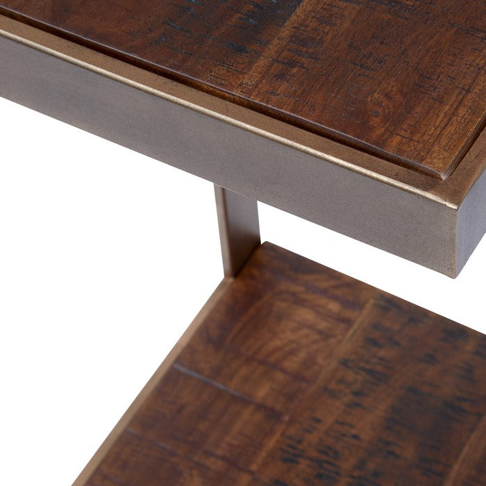 Metal Frame C Shape End Table with Wooden Top and Bottom, Brown