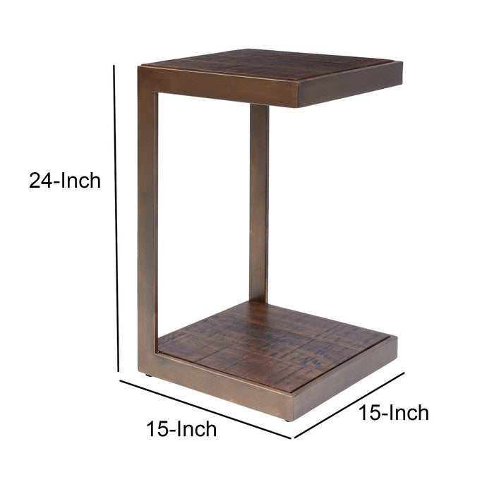 Metal Frame C Shape End Table with Wooden Top and Bottom, Brown