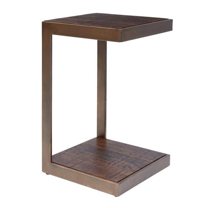 Metal Frame C Shape End Table with Wooden Top and Bottom, Brown