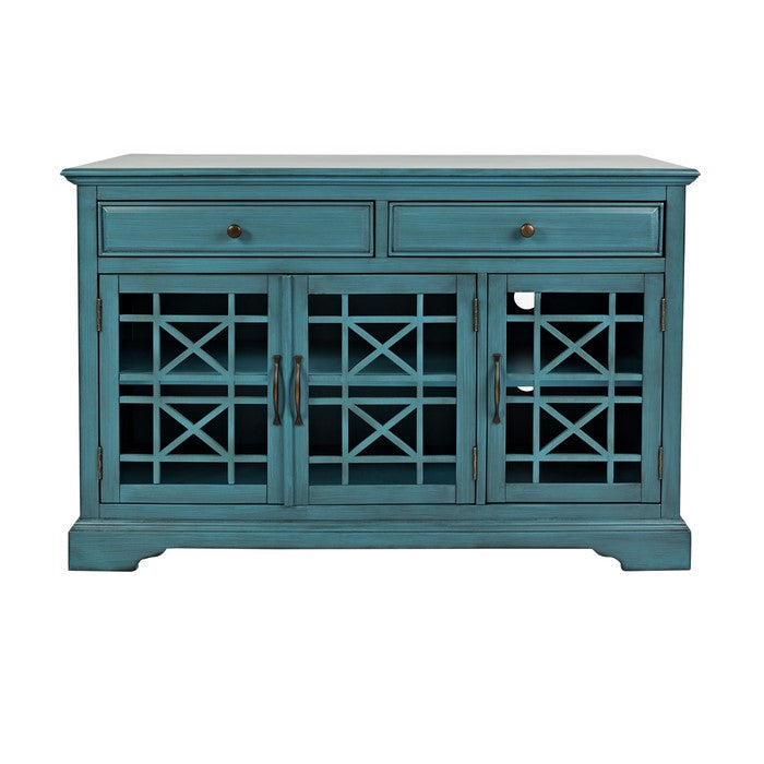 Wooden Media Unit with 2 Drawers and 3 Doors with X Motif Details, Blue