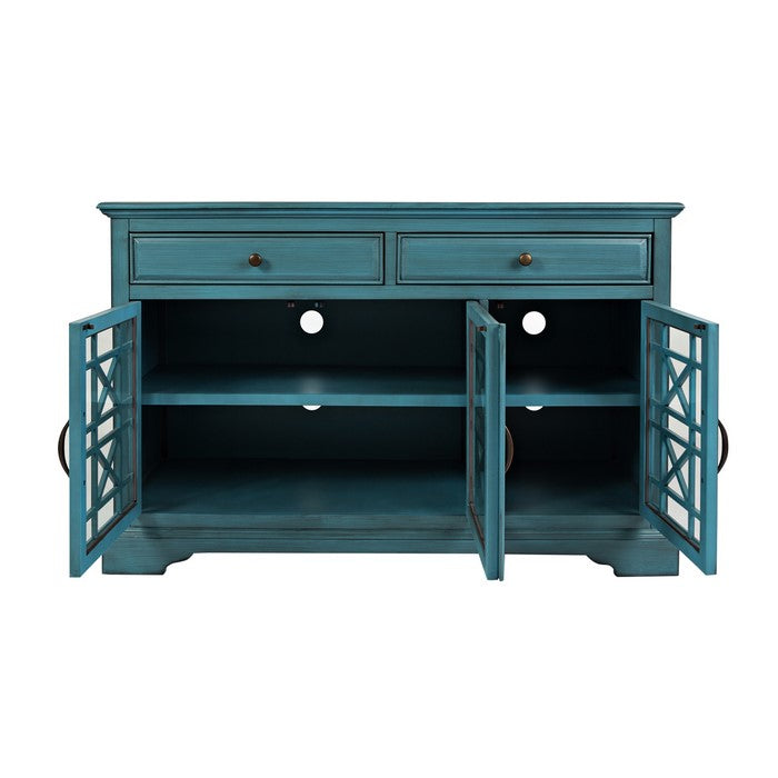 Wooden Media Unit with 2 Drawers and 3 Doors with X Motif Details, Blue