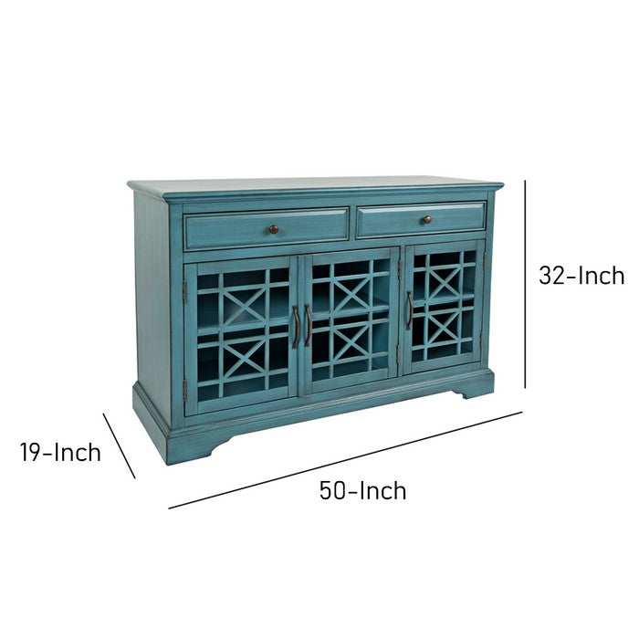 Wooden Media Unit with 2 Drawers and 3 Doors with X Motif Details, Blue