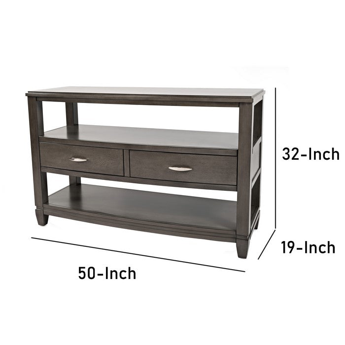 Wooden Sofa Table with 2 Drawer and 2 Open Shelf Storage, Gray