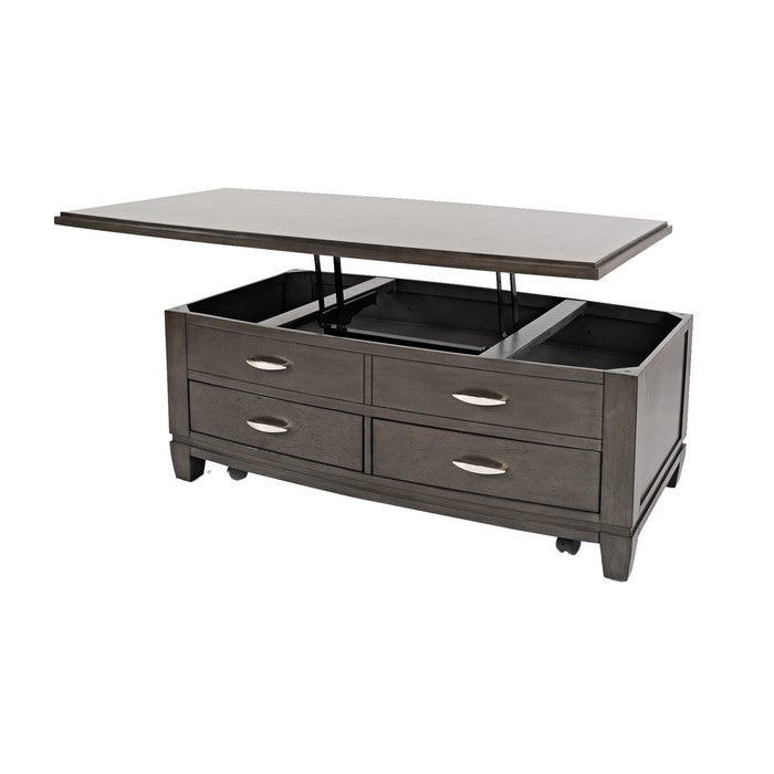 Wooden Lift Top Cocktail Table with 4 Drawer Storage and Caster Wheels,Gray