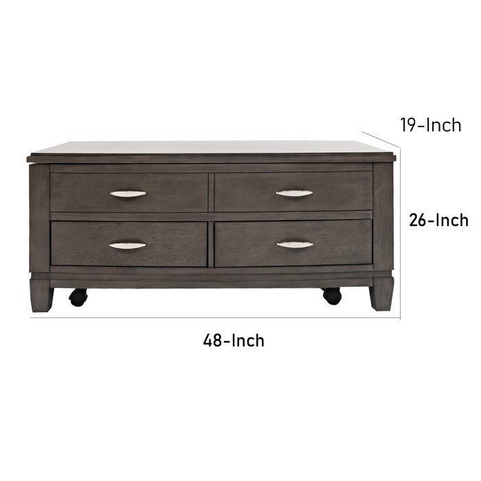 Wooden Lift Top Cocktail Table with 4 Drawer Storage and Caster Wheels,Gray