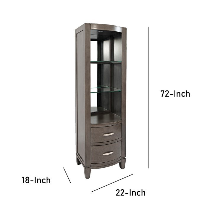 Transitional Wooden Bookcase with 2 Drawers and 2 Glass Shelves, Gray