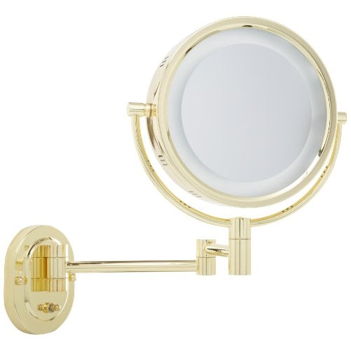 Jerdon HL65G 8-Inch Lighted Wall Mount Makeup Mirror with 5x Magnification, Gold Finish