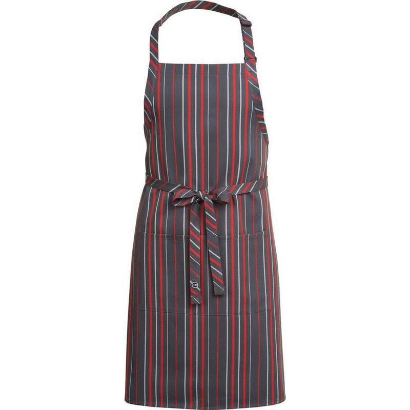 Chef Works Mens Striped Bib Apron, Grey, Charcoal And Red Stripe, 34-Inch Length by 24-Inch Width