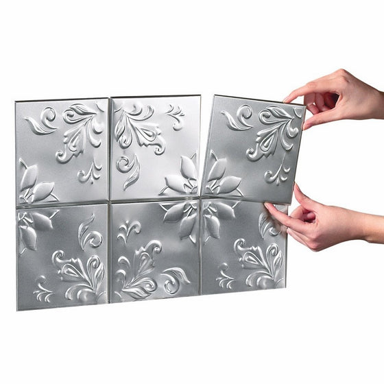 Tin Peel & Stick Raised Floral Pattern Backsplash, Kitchen, DIY Wall Tiles - Set Of 14, Silver