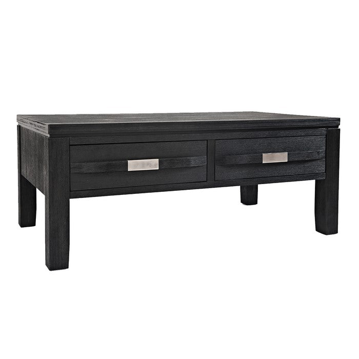 Wooden Cocktail Table with 4 Drawers and Metal Accented Pull, Dark Gray