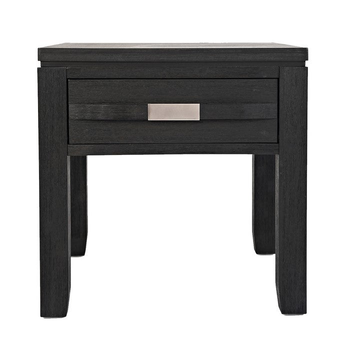 Wooden End Table with Single Drawer and Metal Accented Pull, Dark Gray