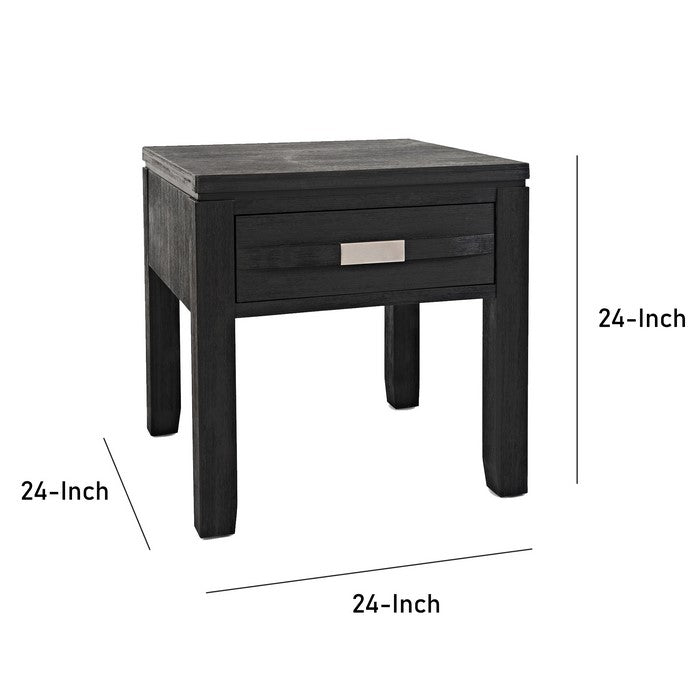 Wooden End Table with Single Drawer and Metal Accented Pull, Dark Gray