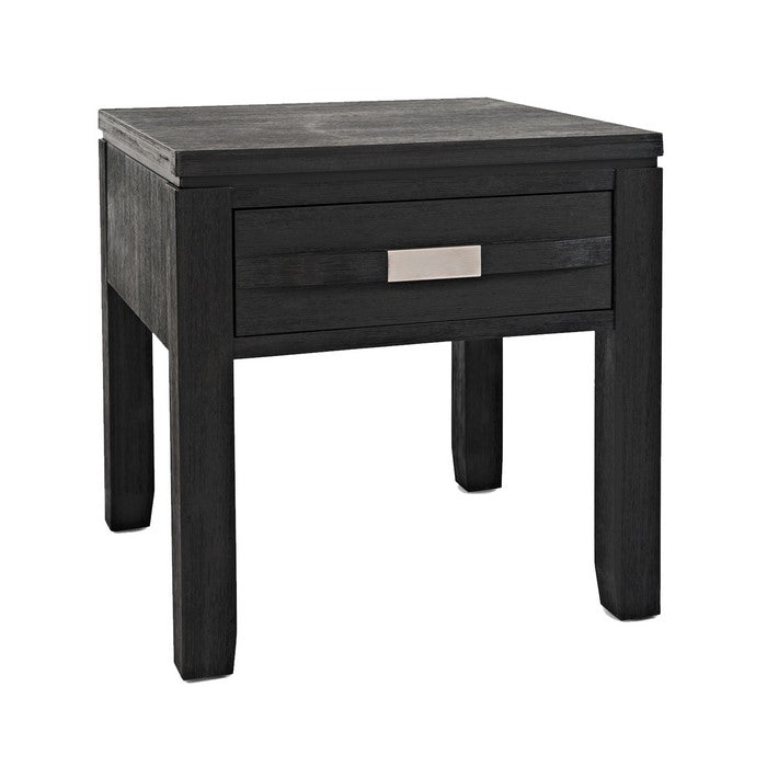 Wooden End Table with Single Drawer and Metal Accented Pull, Dark Gray