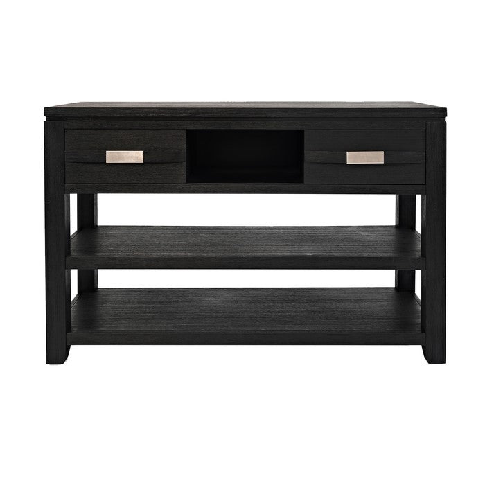 Wooden Sofa Table with 2 Open Shelves and 2 Sliding Panels, Dark Gray