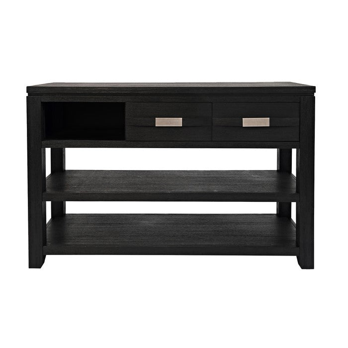 Wooden Sofa Table with 2 Open Shelves and 2 Sliding Panels, Dark Gray